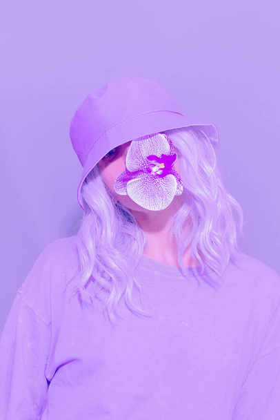 Fashion aesthetic girl in trendy summer accessories. Bucket hat. Street style. Purple Vanilla Pastel colours - Фото, изображение