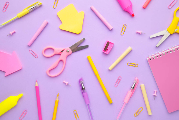 School supplies on pink background. Back to school. Flat lay. Top view - Φωτογραφία, εικόνα
