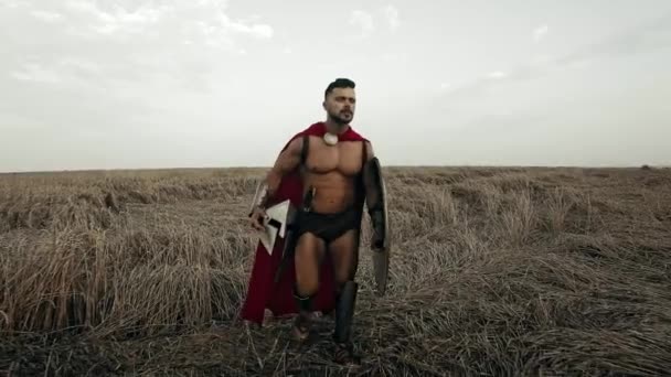 Shirtless spartan walking in dry field. - Séquence, vidéo