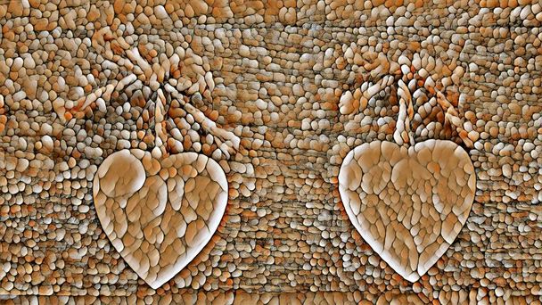 detailní složitý mozaikový vzor oblázkového stylu a design dvou srdcí v přírodních kamennějších barvách - Fotografie, Obrázek