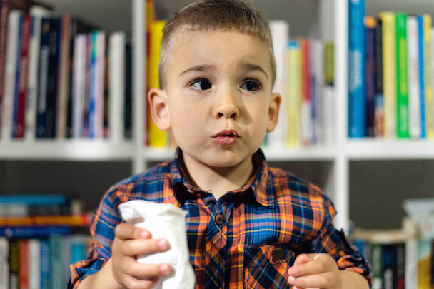 Front view portrait of little caucasian boy small child kid standing or sitting in front of the bookshelf at home holding sandwich food wrapped eating alone in day or morning wearing shirt - Photo, image