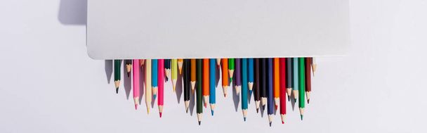 top view of colored pencils in modern laptop on white background, panoramic shot - 写真・画像