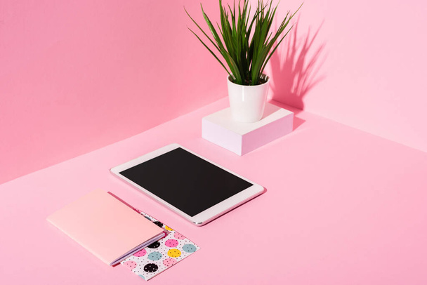 tablet digital com tela em branco, notebooks, planta em fundo rosa
 - Foto, Imagem