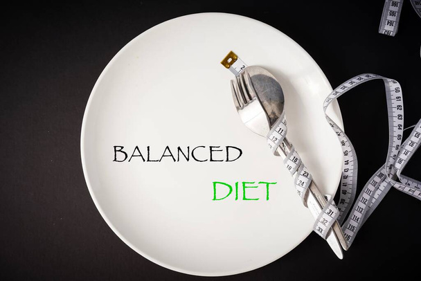 Conceito de alimentação saudável, palavras de dieta equilibrada em um prato
 - Foto, Imagem