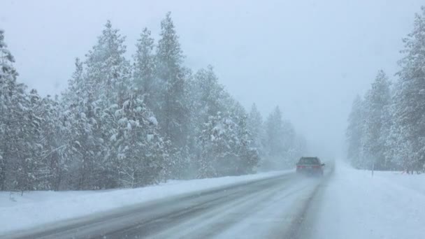 Työmatkalaiset ajavat Spokanessa lumisella maalaistiellä rankan lumimyrskyn läpi. - Materiaali, video