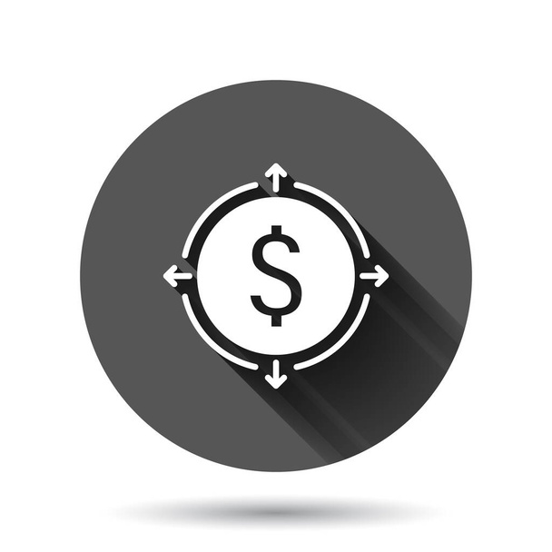 Geld-Einnahmen-Ikone im flachen Stil. Dollar-Vektor-Illustration auf schwarzem, rundem Hintergrund mit langem Schatteneffekt. Finanzstruktur Kreis-Taste Geschäftskonzept. - Vektor, Bild