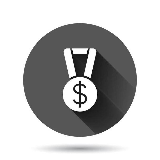 Медаль с иконой доллара в плоском стиле. Векторная иллюстрация денежной премии на черном круглом фоне с эффектом длинной тени. Кнопка Круг банкнот
. - Вектор,изображение