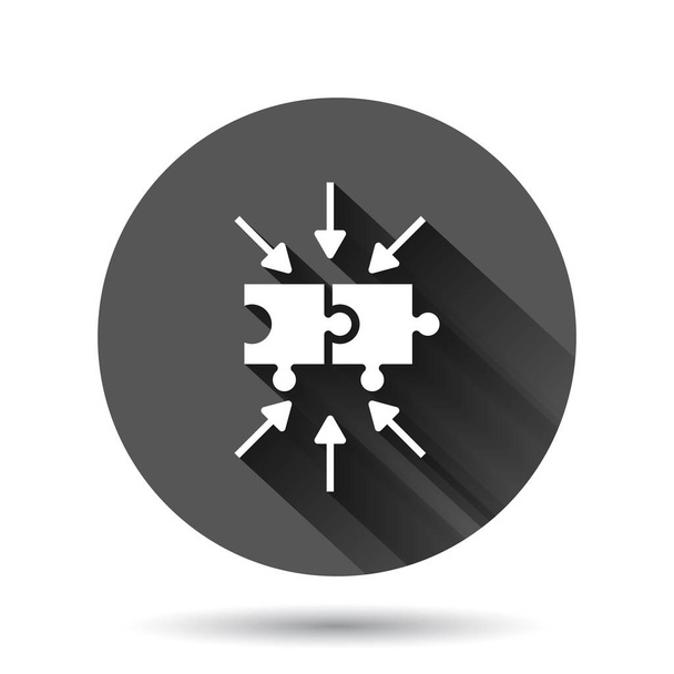 Puzzel puzzel pictogram in platte stijl. Oplossing compatibele vector illustratie op zwarte ronde achtergrond met lange schaduw effect. Combinatie cirkel knop business concept. - Vector, afbeelding