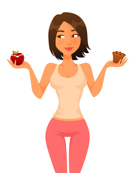 Cute cartoon girl deciding between an apple and chocolate muffin - Vector, Image