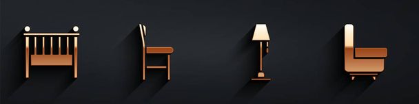 Set Baby crib cradle bed, Chair, Floor lamp and Armchair icon with long shadow. Vector. - Vector, Image
