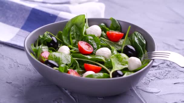 Vegetáriánus és organikus ételek. Caprese olasz vagy mediterrán saláta. Paradicsom mozzarella bazsalikom levelek fekete olajbogyó és olívaolaj forog - Felvétel, videó