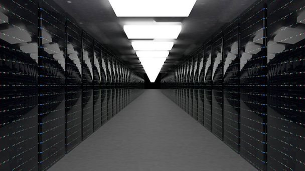 Servidores. racks de servidor em data center de nuvem de servidor. Conjunto de hardware do Datacenter. Backup, hospedagem, mainframe, fazenda e rack de computador com informações de armazenamento. Renderização 3D. Ilustração 3D
 - Foto, Imagem