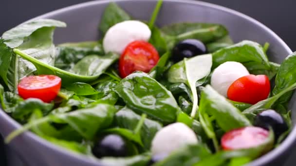 Vegetarisch en biologisch voedselconcept. Kerstomaat en mozzarella vallen in verse salade - Video