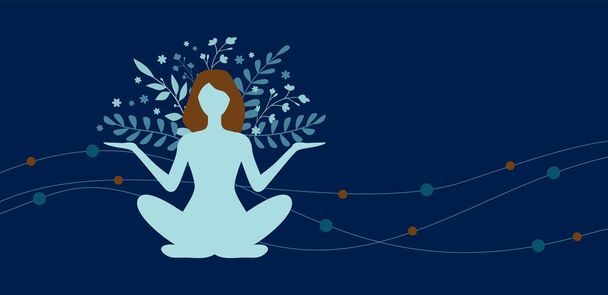 Silhouette of a meditating woman in yoga pose on a dark background with plants and waves of energy. - Vector, Image