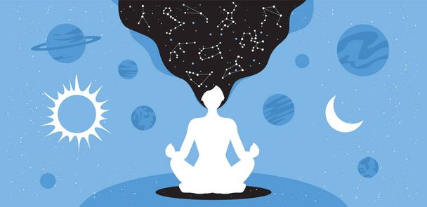 Silhouette of a meditating woman in lotus position. Against the background of astrological planets and the zodiac constellations. - Vector, Imagen