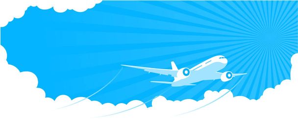 Verano entretenido vuelo de avión a través del cielo azul con nubes. Espacio para texto publicitario de volante. Ilustración, vect
 - Vector, imagen