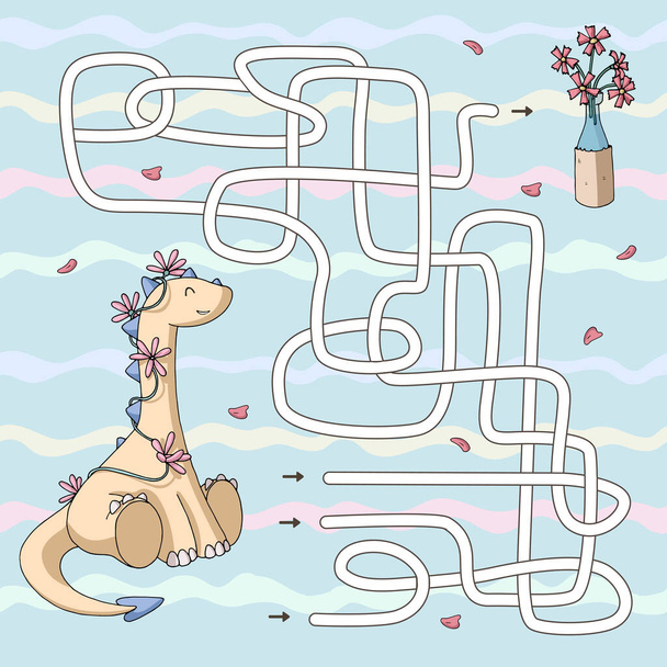 Labyrinth. Maze game for kids. Help cute cartoon dinosaur to find path to the flowers. Vector illustration. Pastel colors. - Vektori, kuva