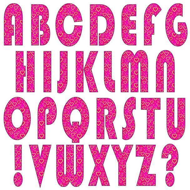 Ein Raster aus strukturierten Großbuchstaben des lateinischen Alphabets, Ausrufezeichen und Fragezeichen. Rosafarbene Textur mit goldenen Herzen. Vereinzelte Buchstaben auf weißem Hintergrund. Basierend auf dem Bauhaus 93 - Foto, Bild