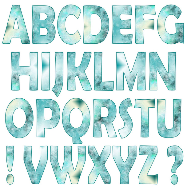 A raster set of textured capital letters of the Latin alphabet, exclamation and question marks. Winter cold turquoise texture. Isolated letters on a white background. Based on Berlin Sans FB Demi. - Photo, Image