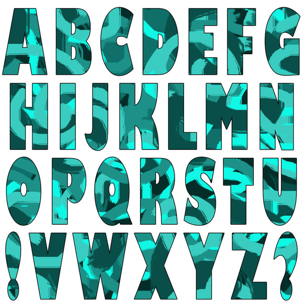 Raster set of textured latin letters, exclamation and question marks. Abstract texture with green and turquoise spots. Isolated letters on a white background. Gill Sans Ultra Bold Condensed. - Photo, Image