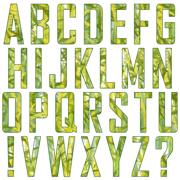 Egy raszterkészlet texturált nagybetűk a latin ábécé, felkiáltójel és kérdőjelek. Zöld virágos textúra. Elszigetelt betűk fehér háttérrel. Az Ügynökség FB-je alapján. - Fotó, kép