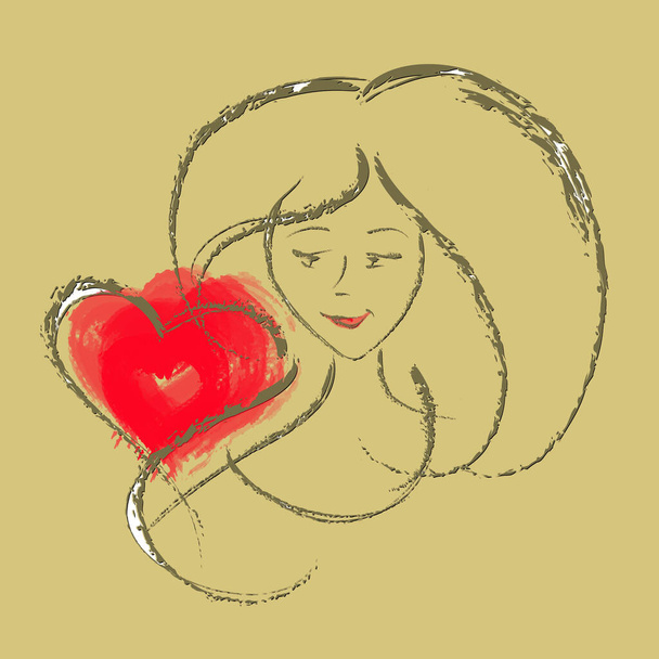 Valentine card, raster illustration with a rough outline of a woman and a heart. Dark gold, red on a light gold background. Greeting card template. - Photo, Image