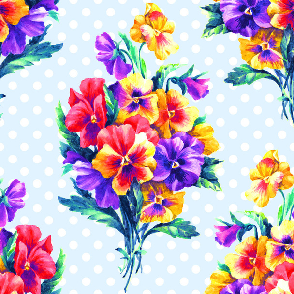 Bouquet with violet and yellow pansies watercolor hand painted illustration, seamless pattern, template for textile, wallpaper, wrapping paper. - Fotoğraf, Görsel