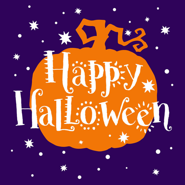  Happy Halloween, hand drawn lettering on pumpkin. Text banner or background for Happy Halloween, hand drawn vector illustration. - Vektor, kép