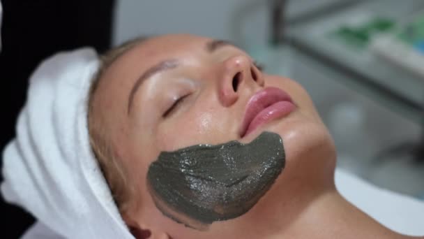 Косметолог наносит глиняную маску с кистью на лицо молодой красивой женщины в клинике красоты, салон красоты. Косметик делает косметическую процедуру по уходу за кожей лица белой европеянке
     - Кадры, видео