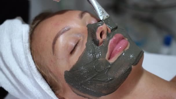 Косметолог наносить глиняну маску пензлем на молоду красиву жінку обличчям в клініці краси, спа-салоні. Косметолог робить процедуру косметики для шкіри обличчя кавказькій Європейській жінці
     - Кадри, відео