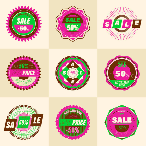 Set of retro sale badge. Stickers premium quality vintage style for social media ads and banners, website badges, marketing, labels and stickers for online shopping templates. Vector illustration. - Vector, Image