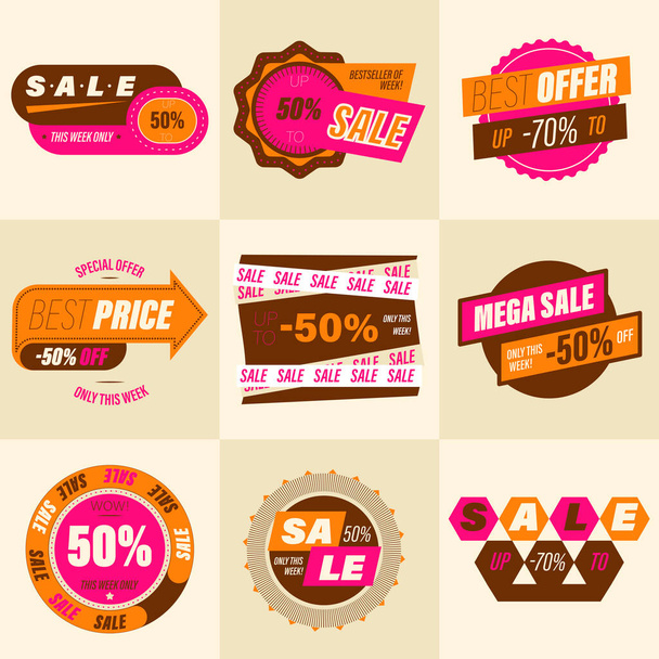 Set of retro sale badge. Stickers premium quality vintage style for social media ads and banners, website badges, marketing, labels and stickers for online shopping templates. Vector illustration. - ベクター画像