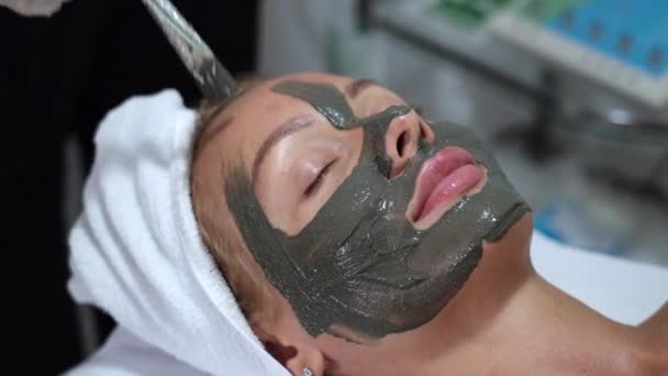 Косметолог наносит глиняную маску с кистью на лицо молодой красивой женщины в клинике красоты, салон красоты. Косметик делает косметическую процедуру по уходу за кожей лица белой европеянке
     - Кадры, видео