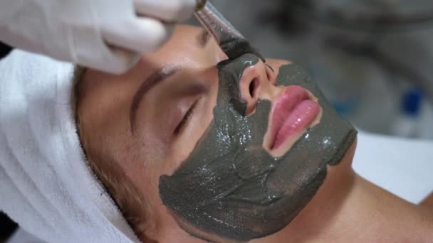 Il cosmetologo applica la maschera di argilla con pennello su faccia di donna carina giovane in clinica di bellezza, salone di centro benessere. Estetista fare bellezza facciale procedura di cura della pelle caucasica europa femminile
     - Filmati, video