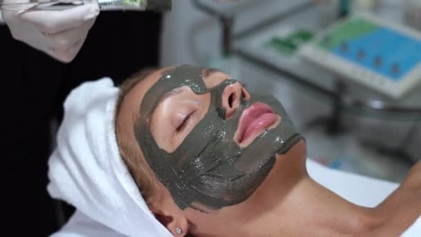 Cosmetoloog brengen klei masker met borstel op jonge mooie vrouw gezicht in schoonheidssalon, spa salon. Schoonheidsspecialiste maken schoonheid gezicht huidverzorging procedure naar Kaukasische europese vrouw     - Video