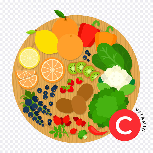 Foods containing vitamin C on wooden kitchen board flat vector illustrations. - Vetor, Imagem