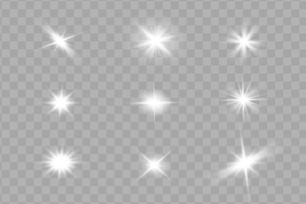 Weißes, glühendes Licht explodiert auf einem transparenten Hintergrund. Funkelnde magische Staubpartikel. Heller Stern. Transparent strahlende Sonne, heller Blitz. Vektor funkelt. Um einen hellen Blitz zu zentrieren - Vektor, Bild