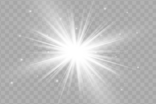 La luce incandescente bianca esplode su uno sfondo trasparente. Particelle di polvere magica scintillante. Stella Luminosa. Sole splendente trasparente, lampo lucente. Il vettore brilla. Per centrare un lampo lucente - Vettoriali, immagini