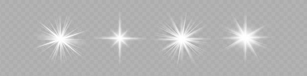 白く輝く光は、透明な背景で爆発します。スパークリング魔法の塵粒子。明るい星。透明な輝く太陽、明るいフラッシュ。ベクトルが輝きます。明るいフラッシュを中心に - ベクター画像