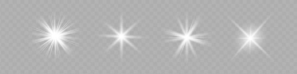La lumière blanche éclate sur un fond transparent. Particules de poussière magiques étincelantes. Étoile Lumineuse. Soleil brillant transparent, flash lumineux. Le vecteur scintille. Pour centrer un flash lumineux - Vecteur, image
