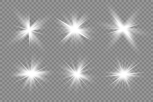 白く輝く光は、透明な背景で爆発します。スパークリング魔法の塵粒子。明るい星。透明な輝く太陽、明るいフラッシュ。ベクトルが輝きます。明るいフラッシュを中心に - ベクター画像