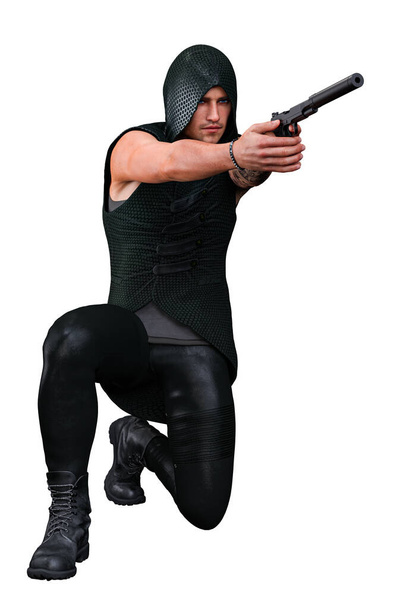 Urban Fantasy Caucásico Hombre de Capucha con Pistola 3D Ilustración 3D - Foto, Imagen