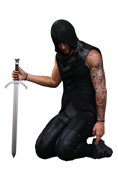 Urban Fantasy Kavkazan muž v kápi s mečem 3D vykreslování - Fotografie, Obrázek