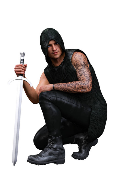 Urban Fantasy Caucasian Man in Hood with Sword 3D Rendering 3D Illustration - Photo, Image