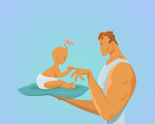 Happy Fathers dag illustratie platte vector ontwerp. Papa houdt zijn één jaar oude dochter vast.. - Vector, afbeelding