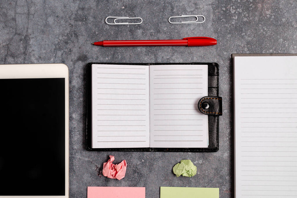 Different Color Sticker Memo Notes. Paper Notebook Accessories And School Supplies With Modern Gadgets Arranged On Different Background - Photo, Image