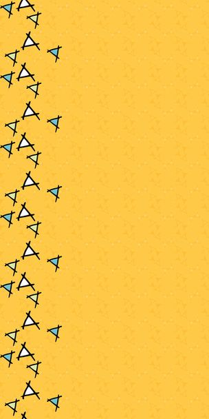 Reihe von springenden Dreiecken vertikale Grenze mit gelbem Hintergrund Hand gezeichnet Vektor nahtlose Wiederholung Muster mit Kritzeleien. - Vektor, Bild