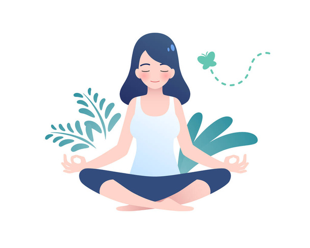 Donna che medita in natura pacifica illustrazione, yoga e stile di vita sano concetto, disegno del fumetto piatto. - Vettoriali, immagini