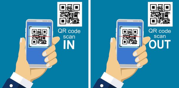 Hand with phone scanning QR code. Access the location during the outbreak control period of Covid-19. All people must register their identity using a QR code. By the follow-up platform - Vector, Image