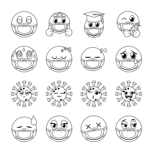 emojis με μάσκες γραμμή στυλ εικονίδιο σύνολο διανυσματικό σχεδιασμό - Διάνυσμα, εικόνα